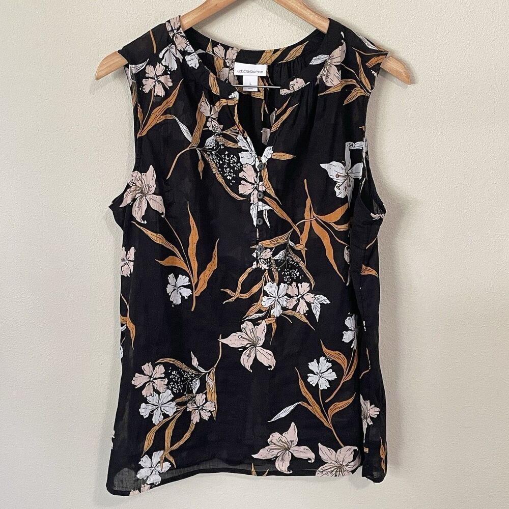 Liz Claiborne Floral Sleeveless Blouse Womens L Lightweight Layering Office Top